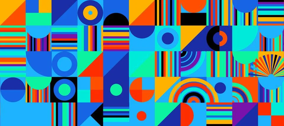 Geometric Shapes Pattern Design, Abstract Bauhaus Background, Circle Square Stock Illustration