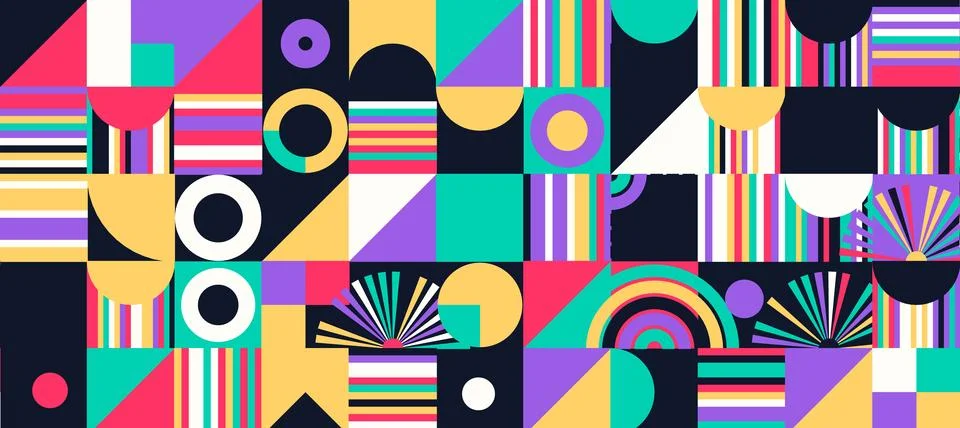 Geometric Shapes Pattern Design, Abstract Bauhaus Background, Circle Square 스톡 일러스트