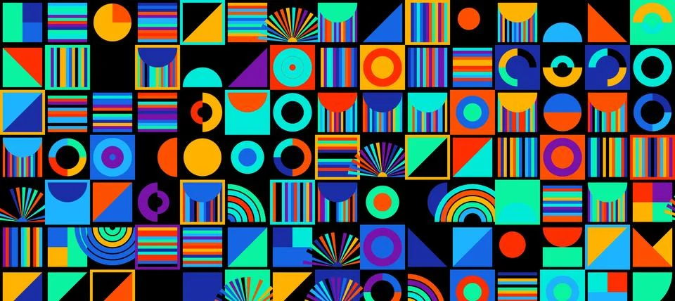 Geometric Shapes Pattern Design, Abstract Bauhaus Background, Circle Square 스톡 일러스트
