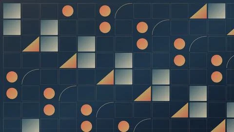 Geometric shapes pattern with orange circles triangles squares on dark navy.. Stock Illustration