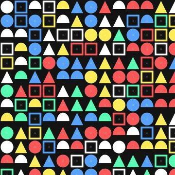 Geometric shapes pattern with squares circles triangles colorful dots black.. Stock Illustration