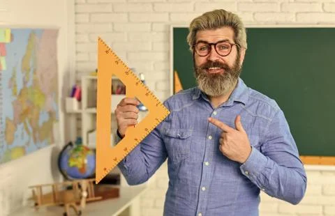 Geometric shapes. physics research. math teacher at blackboard. education. exact Stock Photos