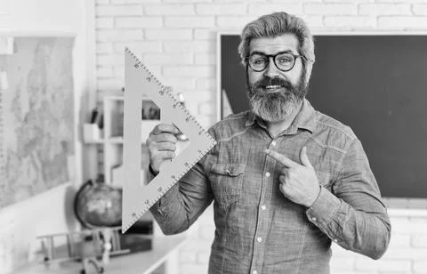 Geometric shapes. physics research. math teacher at blackboard. education. exact Stock Photos
