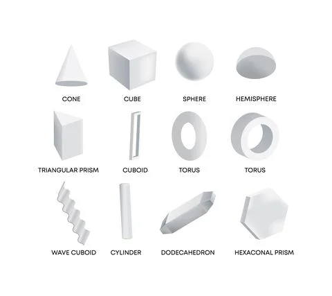 Geometric shapes polygons. White cube with sphere and cylinder torus triangular. Stock Illustration
