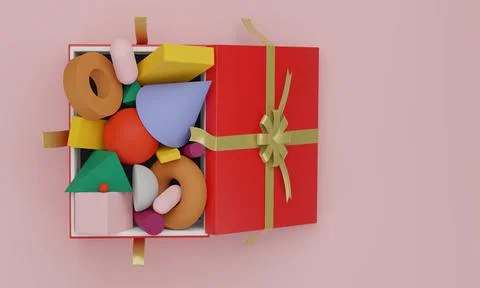 Geometric shapes in present box or giftbox, top view 3D render illustration Stock Illustration