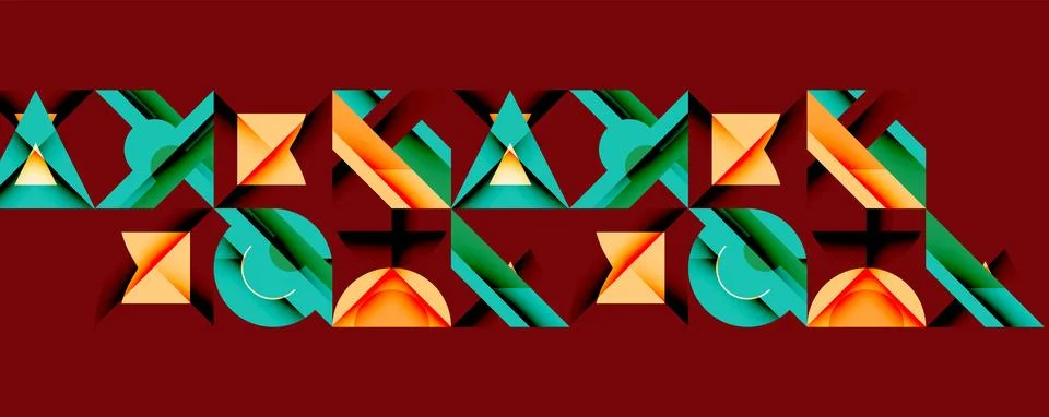 Geometric shapes repeat, creating abstract pattern. Teal, orange, green hues Stock Illustration