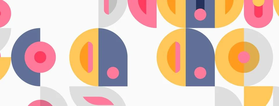Geometric shapes repeat, creating playful pattern. Circles, arcs, squares 库存插图