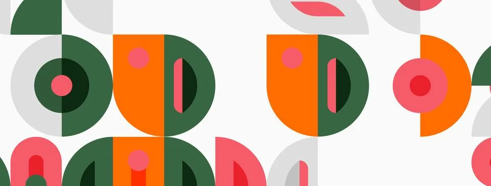 Geometric shapes repeat, creating playful pattern. Orange, green, pink, gray Stock Illustration