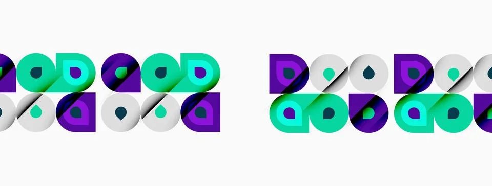 Geometric shapes repeat, forming patterns. Green, purple, gray colors dominat 스톡 일러스트