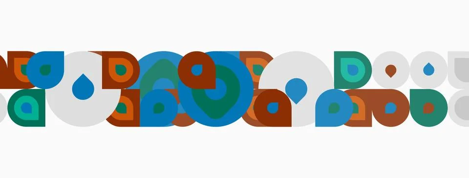 Geometric shapes repeat horizontally. Circles, squares, droplets form colorfu イラスト素材
