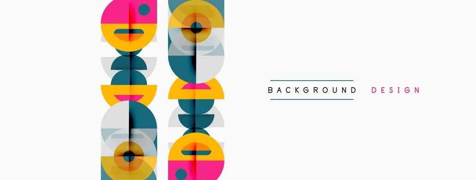 Geometric shapes repeat vertically. Colors include yellow, gray, blue, red. Illustrazione stock