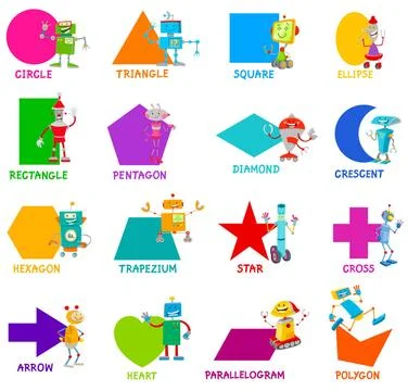 Geometric shapes with robot characters set Educational Cartoon Illustratio... Stock Photos
