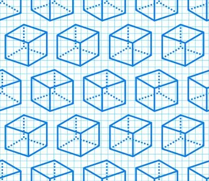 Geometric shapes seamless pattern with flat line icons of cube figure on blue Stock Illustration