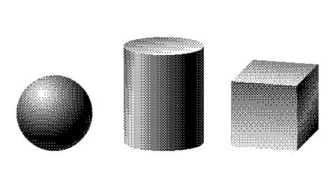 Geometric shapes set - sphere, cylinder and cube with pixel art dithering effect Stock Illustration