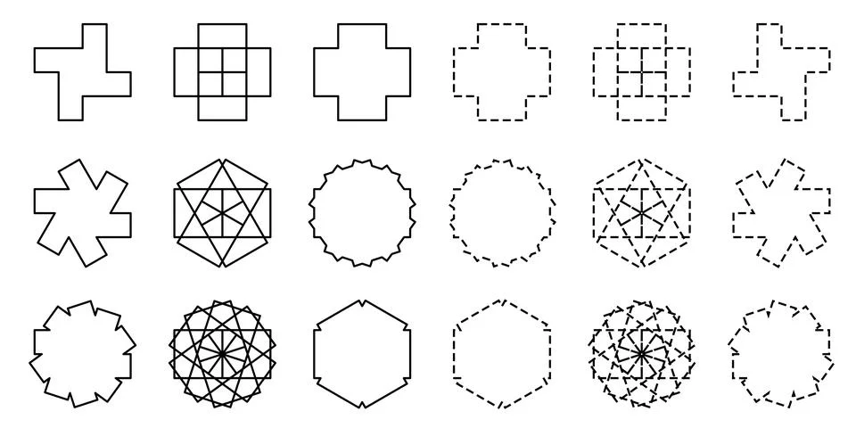 Geometric shapes with solid and dashed outlines, Abstract linear pattern co.. Illustrazione stock