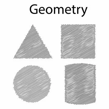 Geometric shapes. Square, Cube, Cuboid, Pentagonal pyramid, Cylinder, Cone Illustrazione stock