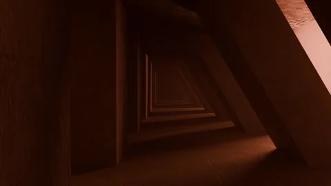 Geometric shapes structure of concrete pillars and floor with orange light loop Stock Footage 259835164