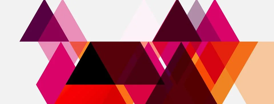 Geometric shapes, triangles dominate composition. Shades range from pinks, Stock Illustration