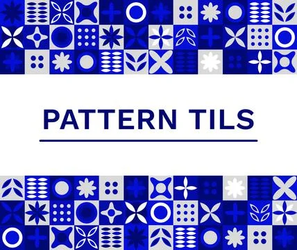 Geometric simple pattern in blue colors with inscription. A collection of tiles. Stock Illustration