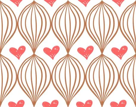Geometric simple sketh drawn hand seamless pattern with red hearts. For Stock Illustration