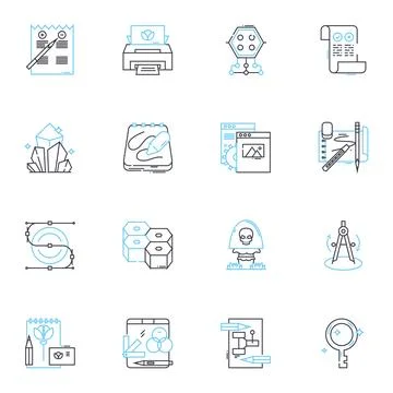 Geometric solids linear icons set. Cube, Sphere, Pyramid, C, Cylinder Stock Illustration