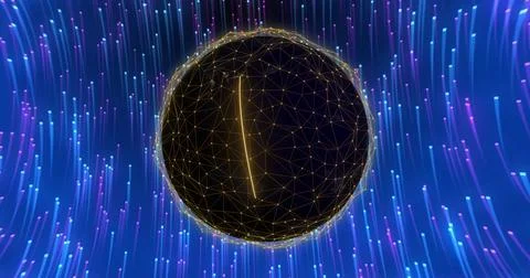 Geometric sphere with interconnected lines image over vibrant blue and purple Stock Illustration
