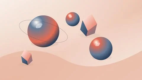 Geometric spheres and cubes floating in soft gradient space with orbit path Ilustración de archivo