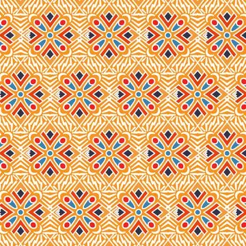 Geometric Square Arrow Crescent Moon Pattern Background In Red Blue Slate Yel Stock Illustration