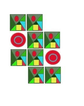 Geometric Square Blocks with Red Circular Badges Grid Composition Stock Illustration