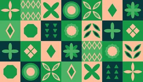 Geometric Square Pattern Green, Peach Fuzz. Bauhaus. Modern abstract background Stock Illustration