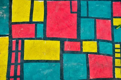 Geometric squares and rectangles wall art with bold red, yellow, and blue Foto stock