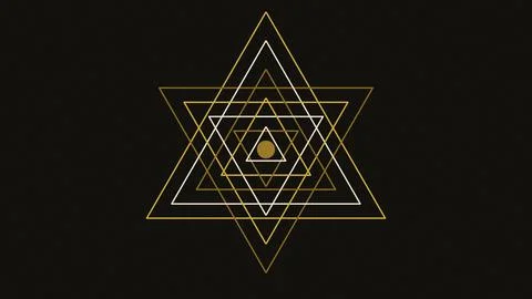 Geometric star mandala with layered triangles and golden center on black ba.. Stock Illustration