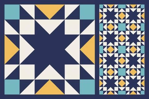 Geometric Star Pattern, Bold and Colorful Quilt Design with Repeating Motif Stock Illustration