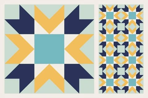 Geometric Star Pattern, Bold and Colorful Quilt Design with Repeating Motif Stock Illustration