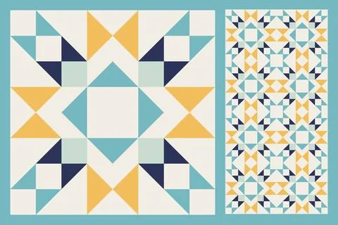 Geometric Star Pattern, Bold and Colorful Quilt Design with Repeating Motif Stock Illustration