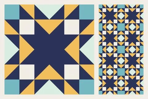Geometric Star Pattern, Bold and Colorful Quilt Design with Repeating Motif Stock Illustration
