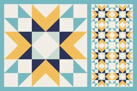 Geometric Star Pattern, Bold and Colorful Quilt Design with Repeating Motif Stock Illustration
