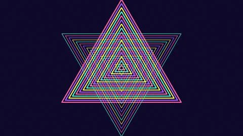 Geometric star pattern with concentric triangles and vibrant neon colors on.. Stock Illustration