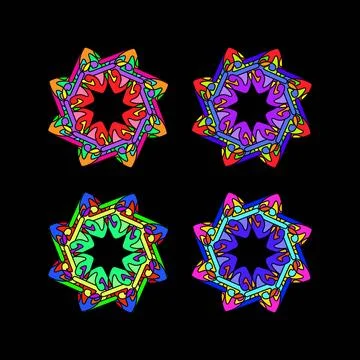 Geometric Star Pattern with Interlocking Shapes in Pink, Purple, Green and .. Stock Illustration