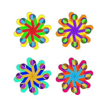 Geometric Star Pattern with Radiating Petals in Yellow, Orange, Blue and Pi.. Illustrazione stock