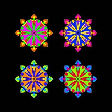 Geometric Star Pattern with Radiating Petals in Pink, Blue, Orange and Gree.. Illustrazione stock