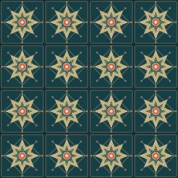 Geometric star patterns with red centers on dark teal background seamless r.. Stock Illustration