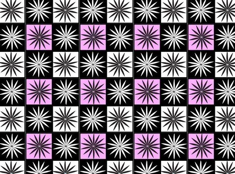 Geometric Starburst Tile Pattern In Black, White And Pink Checkerboard For .. Stock Illustration
