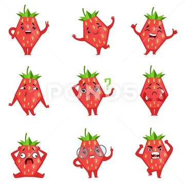 Geometric Strawberry Character Funny Emoticons Stock Illustration