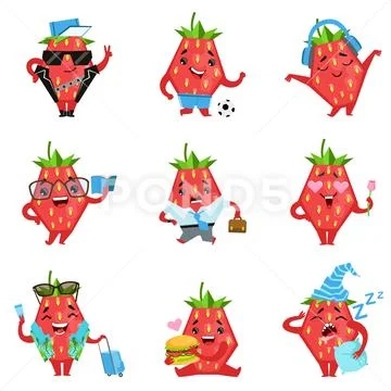 Geometric Strawberry Character In Funny Situations Stock Illustration