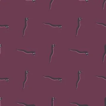 Geometric style fauna seamless pattern with simple worms ornament. Purple dar Illustrazione stock
