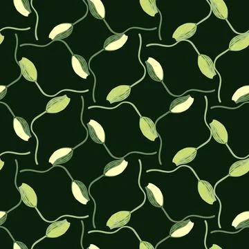 Geometric style nature seamless pattern with floral poppy bud shapes. Dark gr Stock Illustration