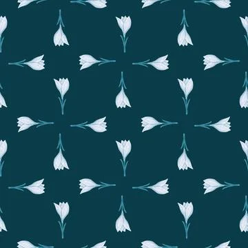 Geometric style seamless pattern with blue crocus flowers elements. Dark blue イラスト素材