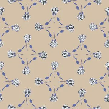 Geometric style seamless pattern with blue hydrangea flowers ornament. Beige  Stock Illustration