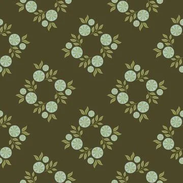 Geometric style seamless pattern with blue lemon slices ornament. Dark green- Stock Illustration